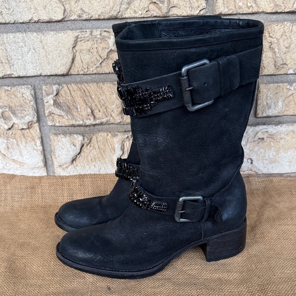 Vera Wang Lavander Label Crystal Embellished Biker Boots Black Leather  6 1/2 - Picture 2 of 13